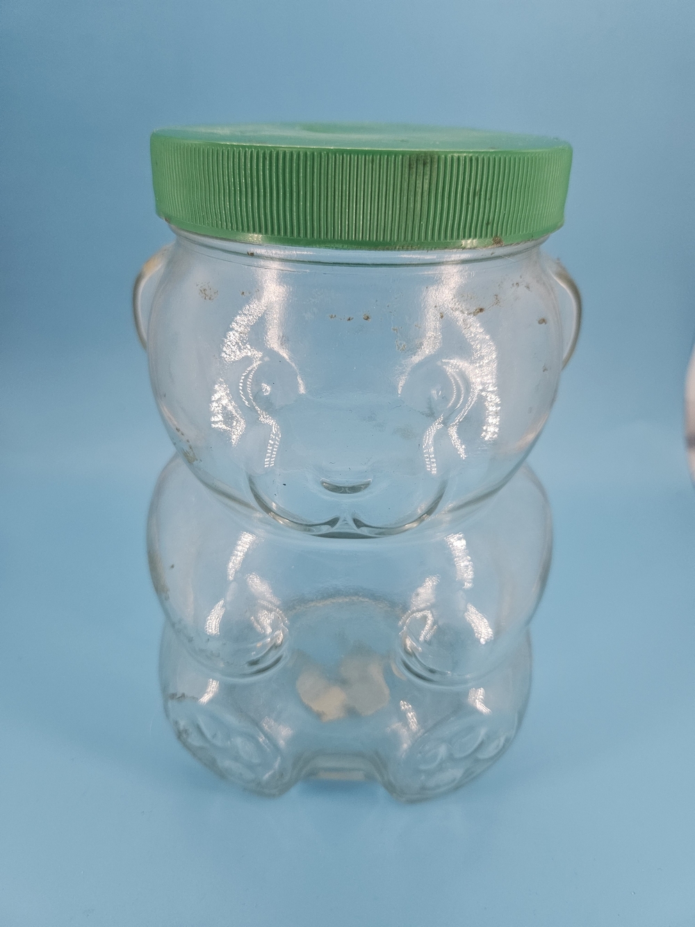 Vintage Green-Lid Kraft Peanut Butter Bear Clear Glass Jar - Coin Bank